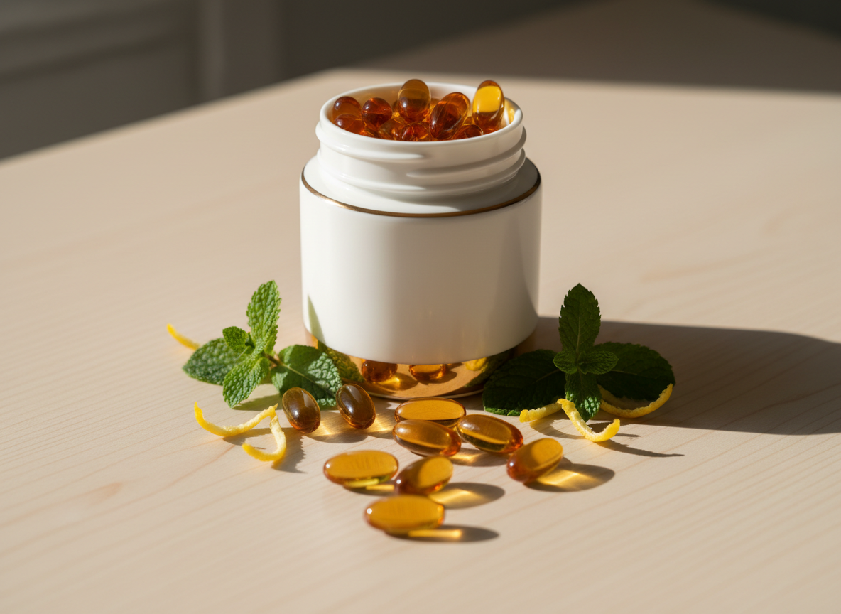 A collection of perfectly shaped, translucent vitamin capsules in rich golden and deep orange hues spill gently from a luxurious, matte-white ceramic jar accented with subtle gold detailing. The jar sits atop a smooth, pale ash wood tabletop, with sprigs of fresh mint and lemon zest scattered lightly around, suggesting natural ingredients. Soft daylight pours through an out-of-frame window, casting ambient, diffused highlights across the capsules and gentle shadows below the jar for depth. Captured from a slightly elevated angle with a balanced, centered composition and crisp focus to emphasize quality. The overall look is clean, bright, and modern, evoking purity and trust—perfect for a premium vitamin store homepage.
